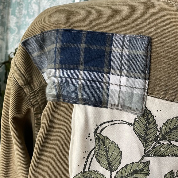 Boho retro upcycled plaid floral graphic patchwork corduroy Dockers button down - Picture 9 of 16